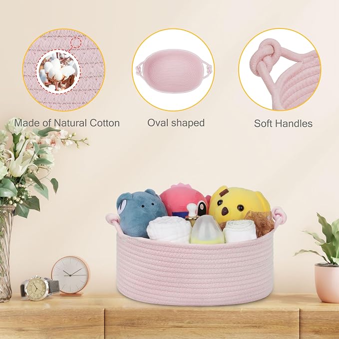 Small Empty Gift Basket with Bag & Ribbons, Light Pink | 12“x8”x5”, Cotton Rope Woven Basket for Birthdays, Baby Showers, Mother's Day, Christmas; Stores Small Items, Kids & Pet Toys