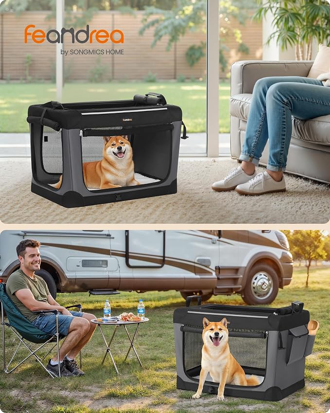 Feandrea Collapsible Dog Crate, Portable Travel Crate, 30-Inch | Oxford Fabric Pet Carrier with 4 Mesh Doors, Handles, Storage Pocket, Water Bottle Holder, UPDC017B01