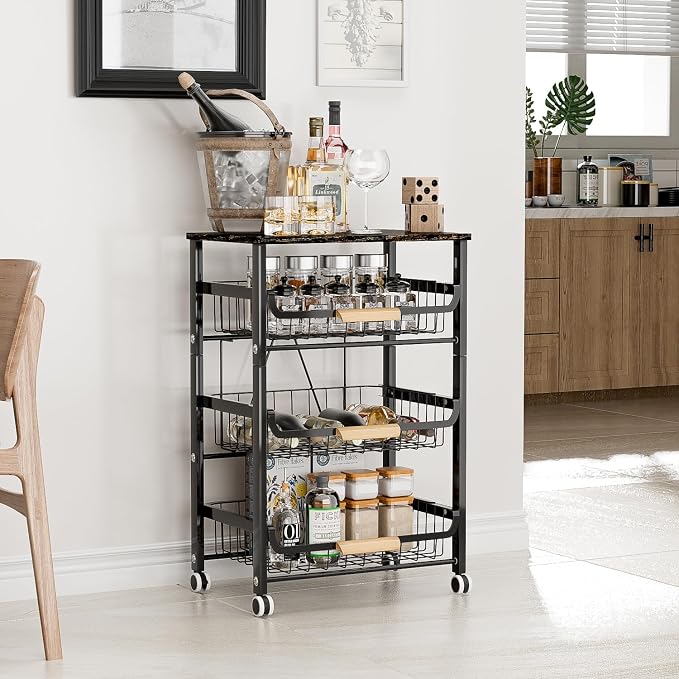 Fruit Vegetable Basket for Kitchen,4 Tier Pantry Organizers and Storage,Snack Organizer for Countertop,Pantry Cart,Metal Wire Storage Shelf Organizer Baskets for Kitchen, Pantry, Bathroom
