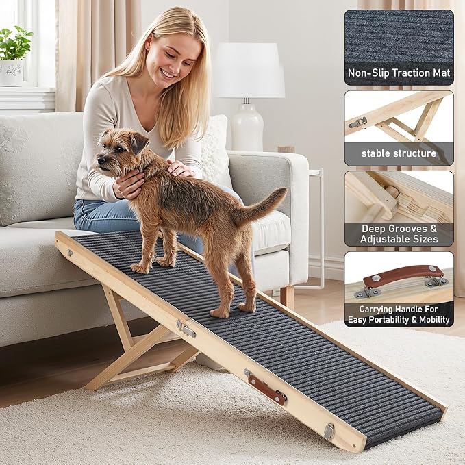 Wooden Dog Ramp for Couch High Bed, Non Slip Pet Ramps for Small Dogs and Cat with 6 Adjustable Height from 11.02'' to 25.2'', Portable 55.12'' Long Foldable Ramp for Dogs to Get on Bed Car