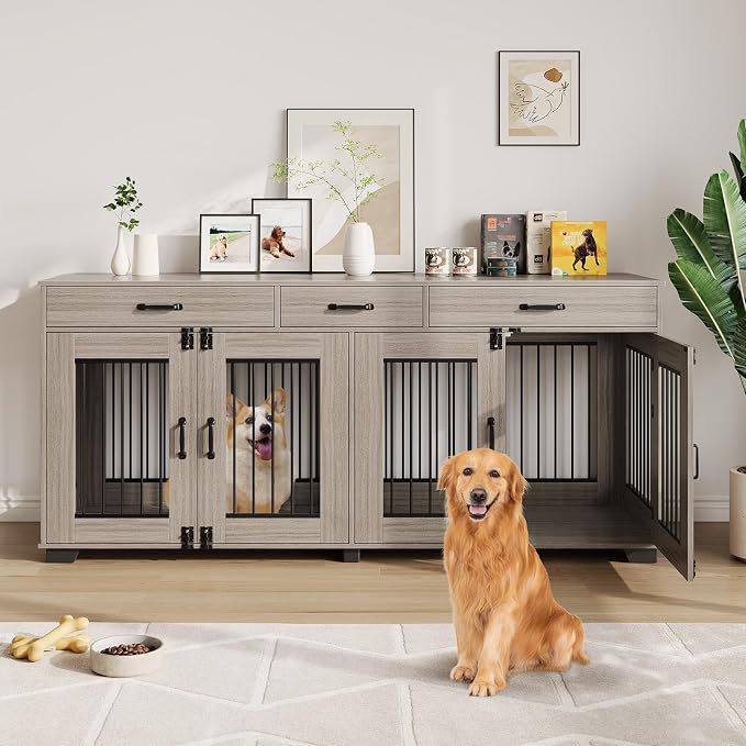 IDEALHOUSE 71-Inch Large Dog Crate with 3 Drawers for 2 Dogs, Grey | Dog Kennel Furniture, Large Breed Dog Crate and TV Stand for Medium-Large Dog