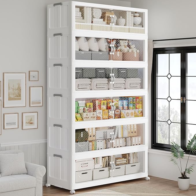 240GAL Plastic Storage Bins with Lid, 960QT Extra Large Stackable Closet Organizers and Storage, Collapsible Storage Boxes with Wheels, Folding Cabinet for Home Kitchen Office, 6Pack White