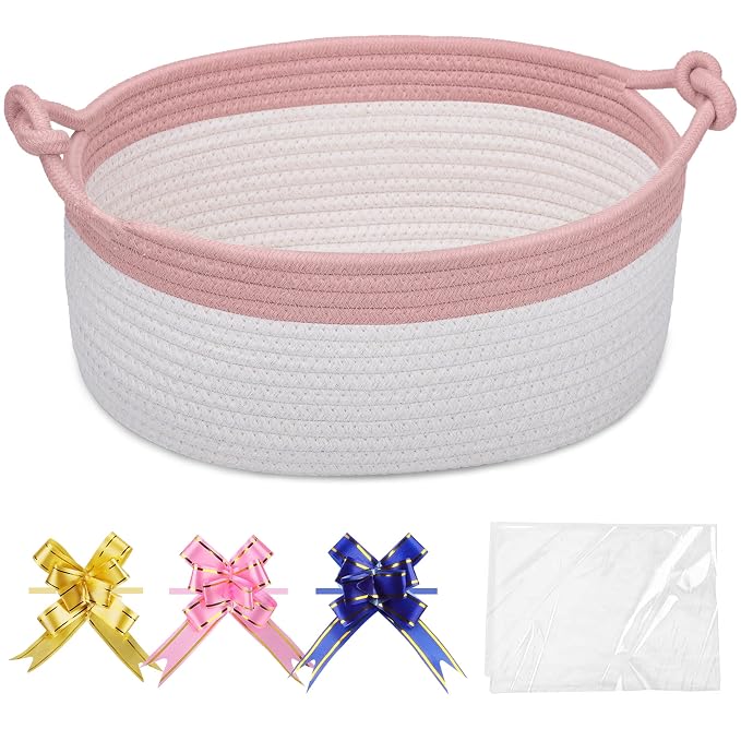 COMSE Small Gift Basket Empty with Bag & Ribbons, Dusty Pink & White | Cotton Rope, 12"x 8"x 5", Pet Toy Storage Organizer, Woven Basket for Birthdays, Baby Showers, Mother’s Day, Valentine’s Day