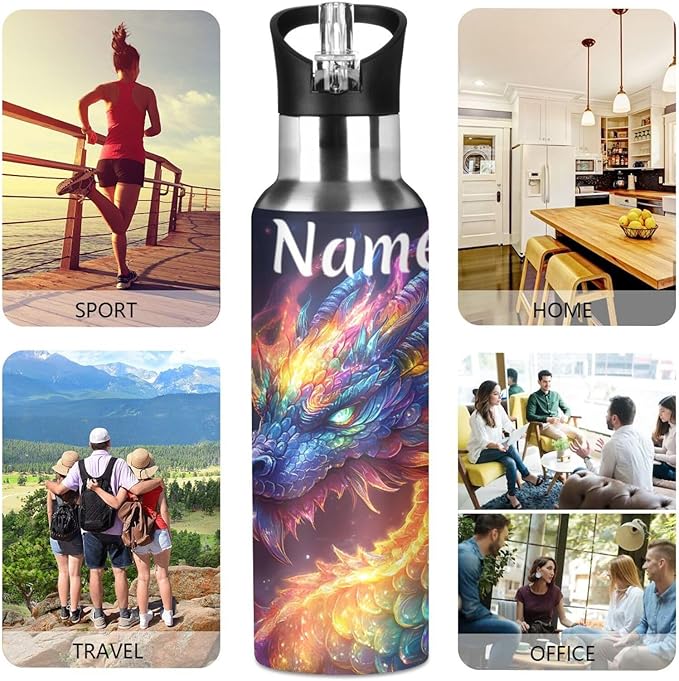 Custom Name Colorful Rainbow Dragon Water Bottle with Straw Lid Kids Insulated Stainless Steel Water Flask Sports, 20 Oz Hot Cold