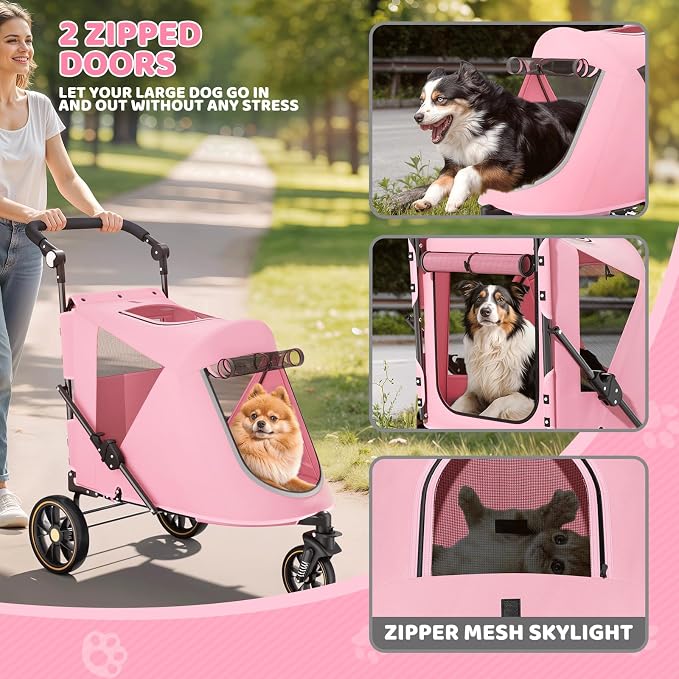 Magshion 3-Wheel Foldable Dog Jogger with Adjustable Handle, Pink | Pet Stroller for Medium Larges, All-Terrain Wheels, Dual Entry, Rear Storage, Breathable Mesh, Up to 55 lbs