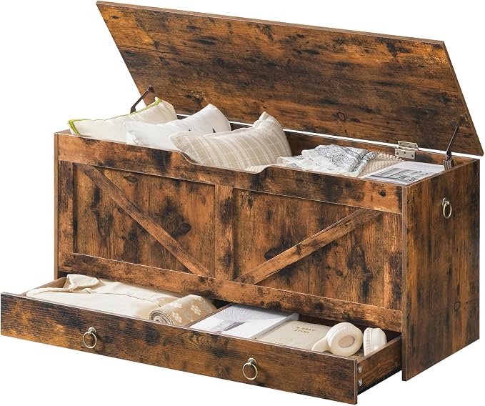 HOOBRO Storage Chest, 43.3" Toy Chest with Drawer, Wooden Storage Bench, Sturdy Entryway Bench Supports 220 lb, Shoe Bench, Safety Hinge, U-Shaped Opening, Easy Assembly, Rustic Brown FG711CW01G2