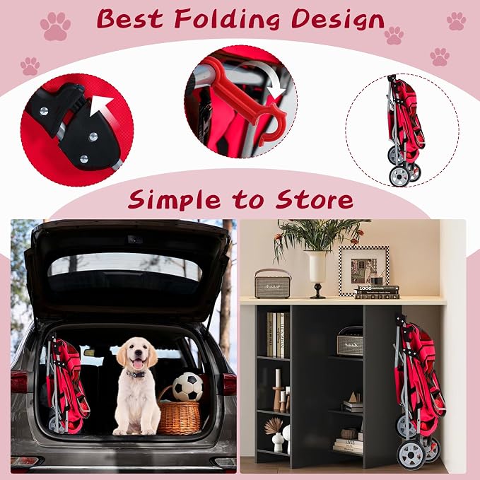 Dog Stroller with Storage Basket,3 Wheels Pet Stroller,Breathable Compact Portable Folding Carrier for Travel,Camping,Dog Carrier for Small Medium Dogs Or Cats,Lightweight Waterproof Pet Stroller,Red