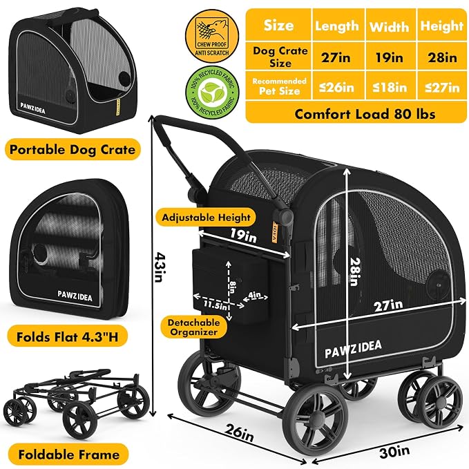 PAWZIDEA 3-in-1 Large Dog Stroller with Detachable Carrier, 45% Extra Tall | Dog Crate Car Travel for 2 Medium Dogs Sit Upright, Foldable Jogger Pet Stroller All-Terrain, Adjustable Handle, Up to 100lbs