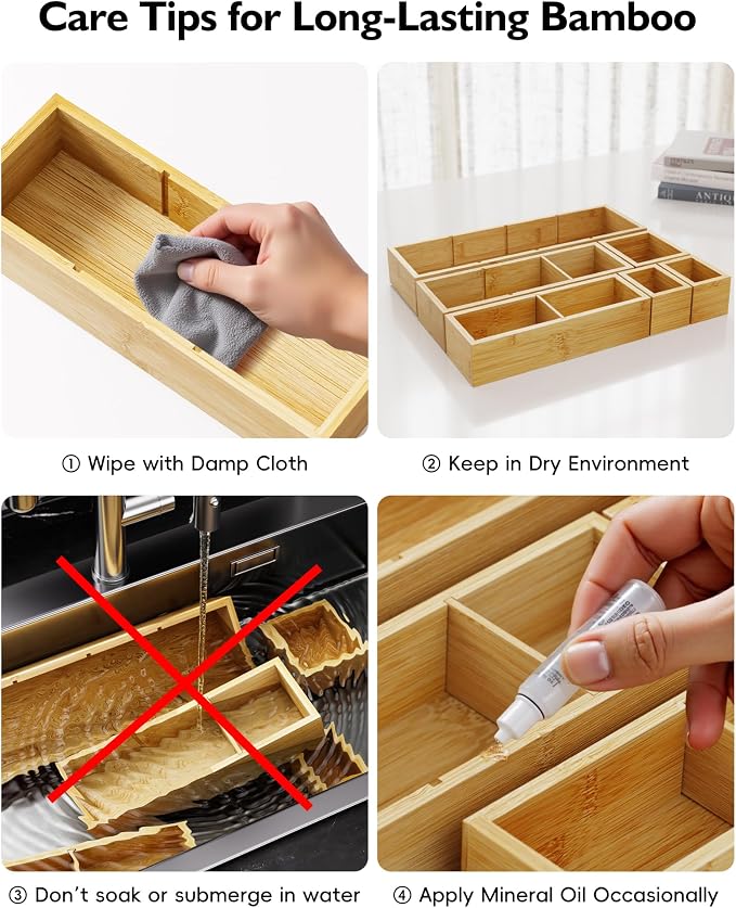 12-Piece Bamboo Drawer Organizer Set, 24 Compartments Modular Storage | Natural Bamboo, Flexible Modular Trays, Water-Resistant, Stackable Design, Adjustable, Excellent Organization, Easy to Clean