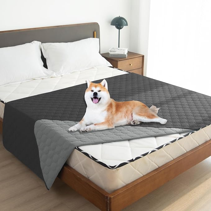 gogobunny Waterproof Dog Blankets for Large Dogs, Pet Bed Cover Breathable | Washable Pee Pads, Quilted Throw Blanket, Furniture Protector for Couch Sofa Bed Car, 82x82 Inch Dark/Light Charcoal