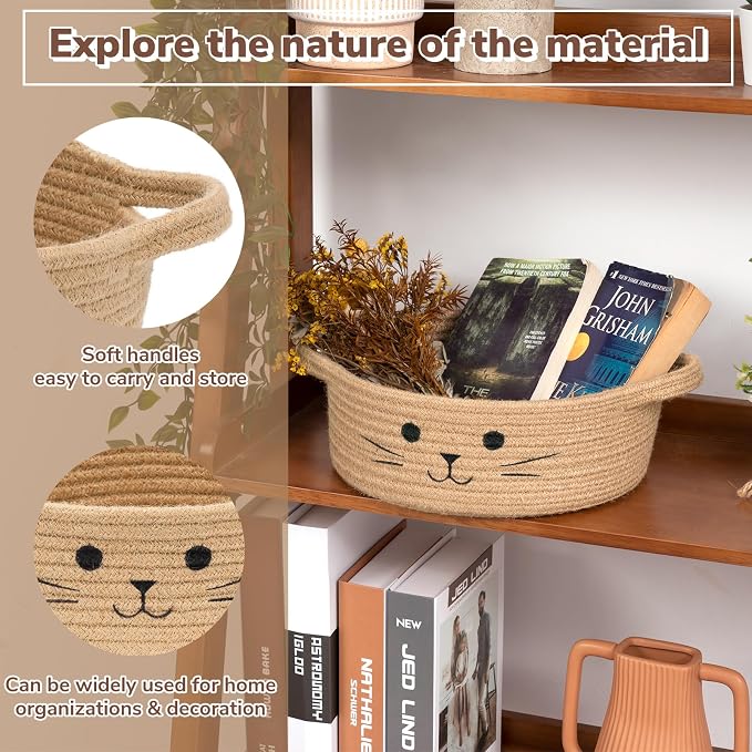 Small Woven Rope Cat Toy Basket with Cat Face Design, Jute | 9.8" x 4" Cute Cat Basket with Handles, Small Toy Bin & Box for Living Room & Nursery, Natural Instinct Basket for Cats Dogs