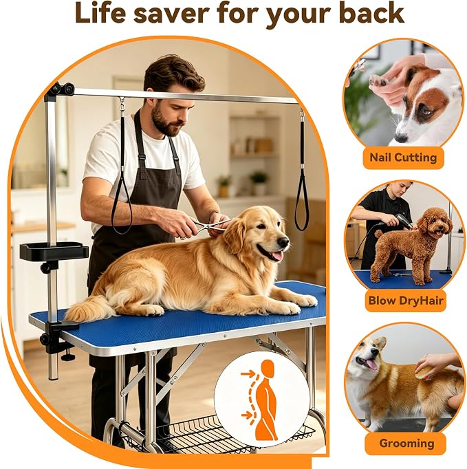 36" Foldable Dog Grooming Table with Adjustable H-Frame Arm & 2 Nooses, Heavy-Duty Stainless Steel Frame, Non-Slip Top, Tool Caddy and Mesh Tray, Blue