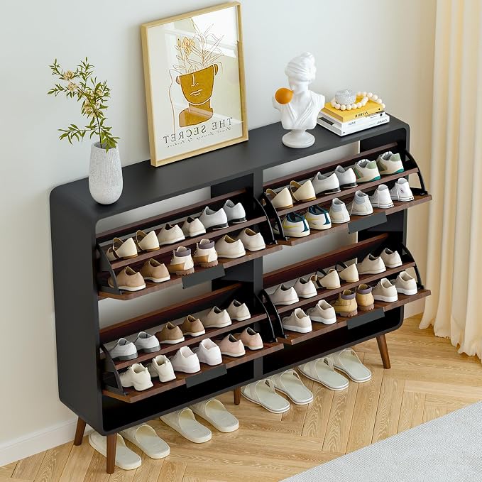 FurSch 47" Fluted Large Shoe Cabinet with 4 Flip Drawers | Slim Freestanding Organizer, Narrow Storage Rack, for Entryway, 5 Sturdy Legs