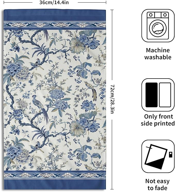 Giwawa Chinoiserie Hand Towels- Blue White Birds Floral Decorative Towel Set of 2- Classic Oriental Style Flowers Face Towel Soft Absorbent Dish Wash Cloth for Hotel Bathroom Gym Guest