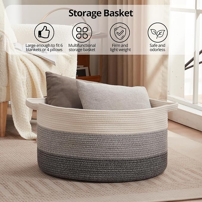 OIAHOMY 105L Extra Large Blanket Basket - Decorative Cotton Rope Storage Basket for Bedroom, Living Room & Nursery - Woven Laundry Hamper for Organizing Blankets, Clothes & Toys - Gradient Grey
