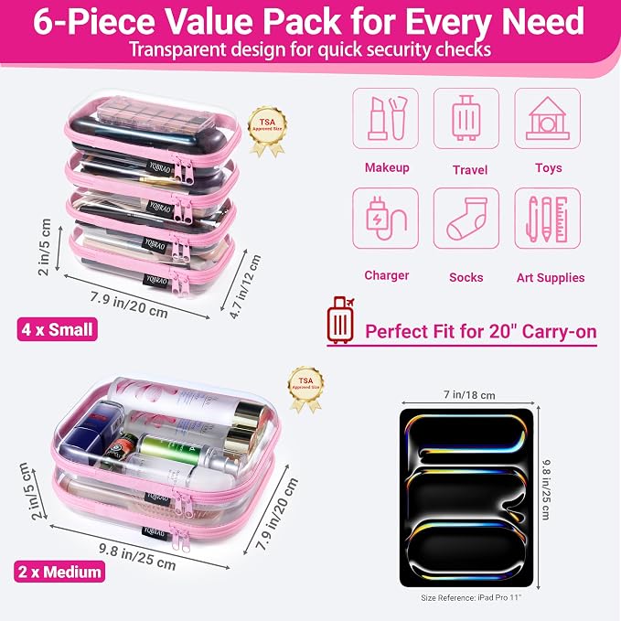 YQBRAO Clear Hard Shell Zipper Cases, 6 Travel Organizers, 2M 4S, Pink | Rigid clear shells in two practical sizes separate toiletries, skincare, cosmetics, chargers and frequently used accessories