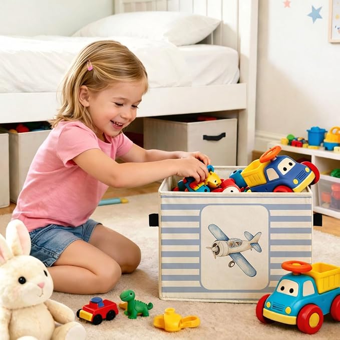 Airplane & Hot Air Balloon Storage Basket, Blue Stripe Foldable Toy Bin | Cute airplane and hot air balloon design with blue stripes; foldable fabric bin for toys, books, clothes, nursery.