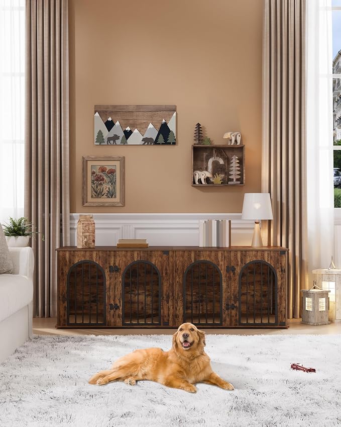 Hzuaneri 70.9" Double Dog Crate Furniture, Dog Kennel Indoor with Cushion | Heavy Duty Dog Crate Furniture for 2 Dogs,Dog Cage End Table TV Stand with Divider for Med-Large Dogs,Rustic Brown DFC81901B