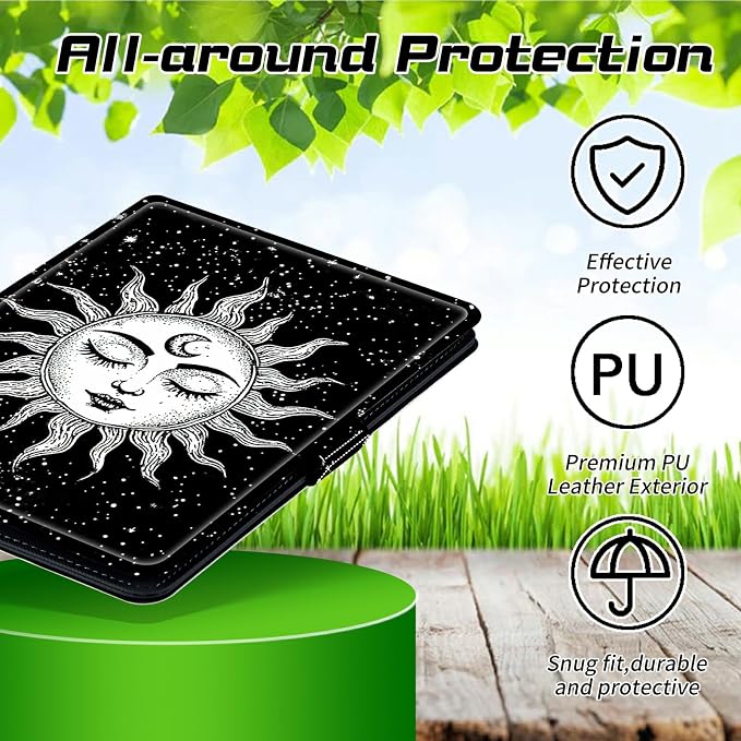 Universal Tablet Case for T-Mobile Revvl Tab 2 10.1" 2025/Revvl Tab 5G 10.36" 2023, 360 Degree Rotating Kickstand Protective Stand PU Leather Shell Cover for 9"-10.5", White Moon Sun
