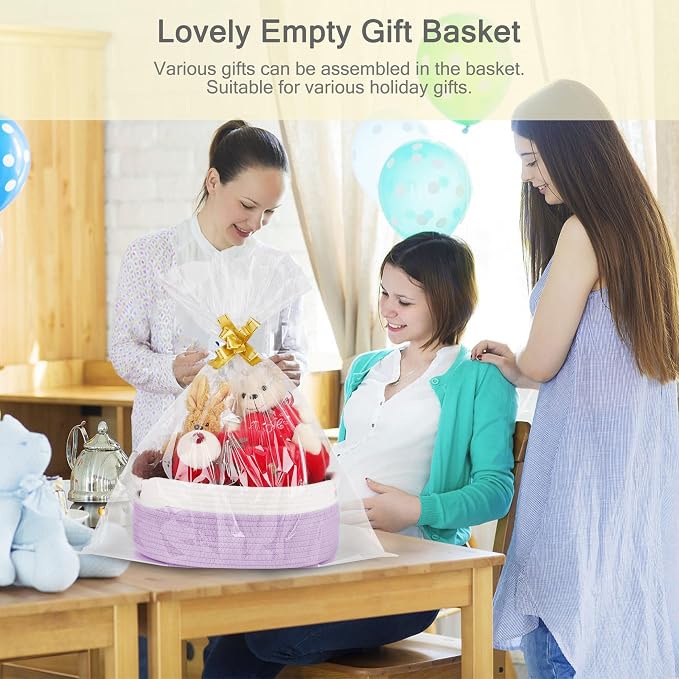 Small Woven Gift Basket with Bag & Ribbons, Purple | Cotton Rope, 13”x 9”x 5.5”, Fits for Kids, Women & Men, Bedroom, Living Room, Nursery & Bathroom Storage, Cat & Dog Toy Boxes