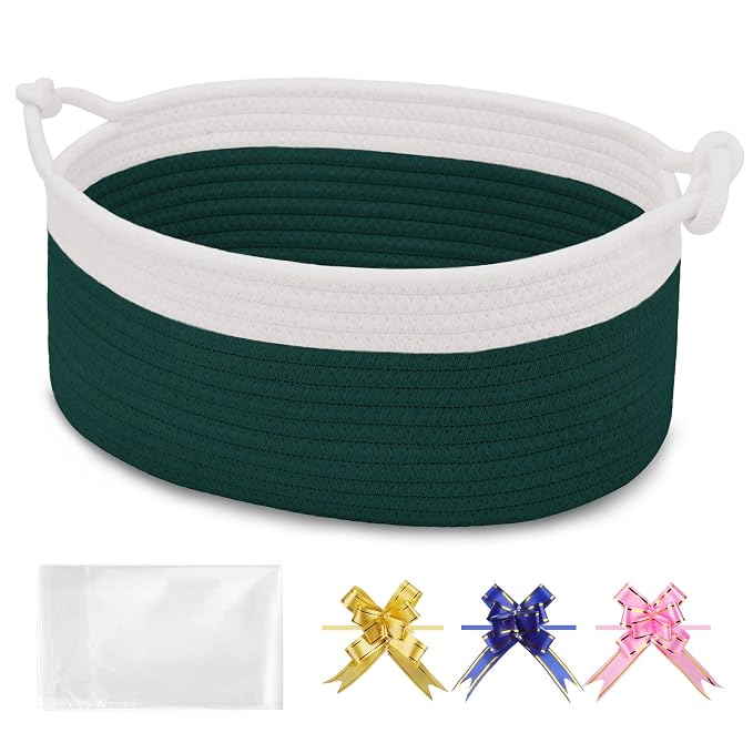 Small Empty Gift Basket with Bag & Ribbons, White & Dark Green | 12“x8”x5”, Cotton Rope Woven Basket for Birthdays, Baby Showers, Mother's Day, Christmas; Stores Small Items, Kids & Pet Toys