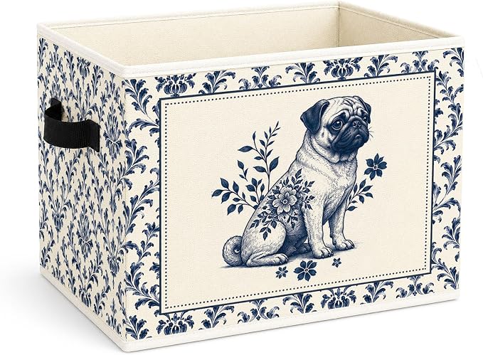 Blue Floral Pug Storage Bin, Foldable Fabric Organizer | Vintage blue floral pug storage bin for toys, books, clothes, pet supplies, bedrooms, nurseries, shelves, and closets.