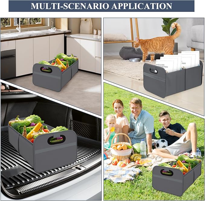 Car Trunk Organizer, Foldable Car Trunk Storage Box with 2 Compartments & Mesh Pocket, Large Capacity, Portable with Handle, Collapsible Backseat Storage Organizer for SUV Truck Sedan (Gray)