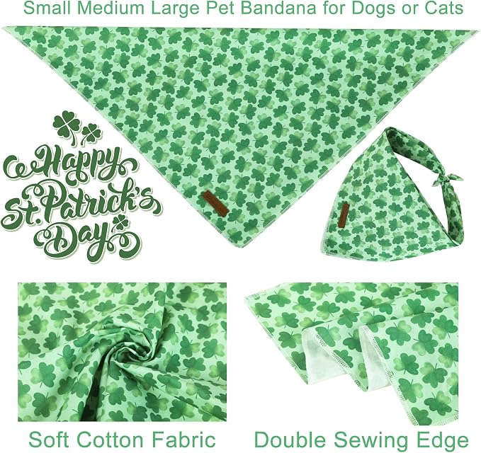 St. Patrick's Day Dog Bandana, Shamrock Triangle Bid Scarf for Small/Medium Dogs, Cotton Kerchief - Green Shamrock Spring Bandana for Girls, Boys or Cats