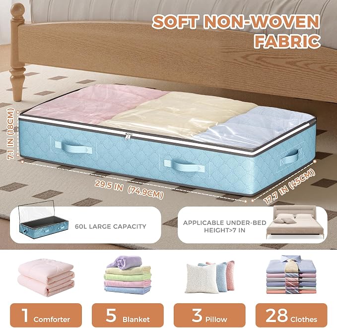 4 Pack Under bed Storage, Storage Bins with Clear Lids | Underbed Storage Bags for Blankets, Towels, Comforter, Sweaters, Linen Sheets, Wrapping Paper