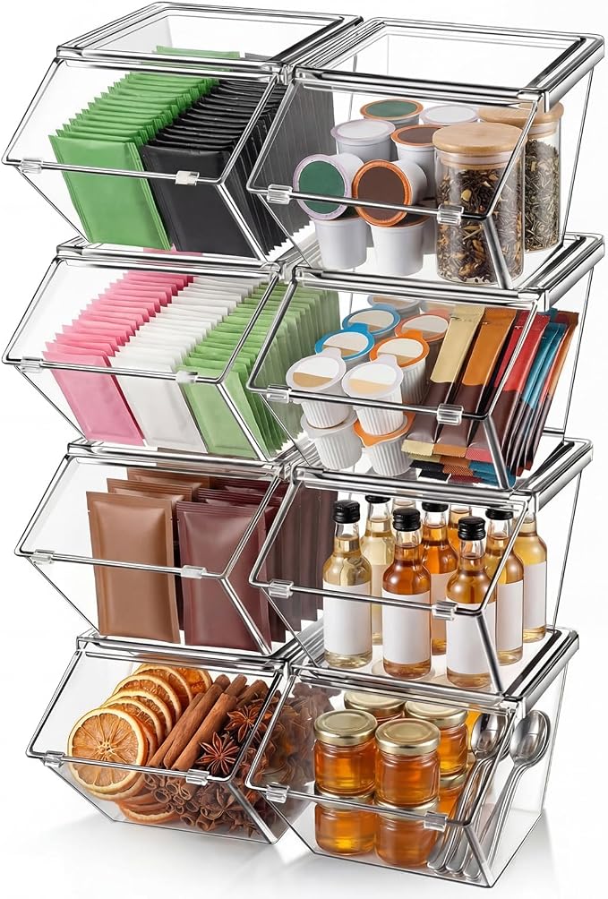 Yerliker 8 Pcs Clear Plastic Storage Bins with Lids Stackable Pantry Storage Organizer Kitchen Cabinet Organizers Ideal Containers for Coffee Pod Tea Sugar Bag Cabinet Home (Extra Large)