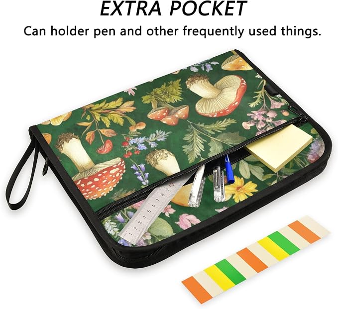 Forest Mushrooms and Flowers Watercolor Pattern Expanding File Folder with Sticky Labels, 13 Pockets Accordion File Folder Document Organizer Expandable Zip File Folder with Zipper Closure