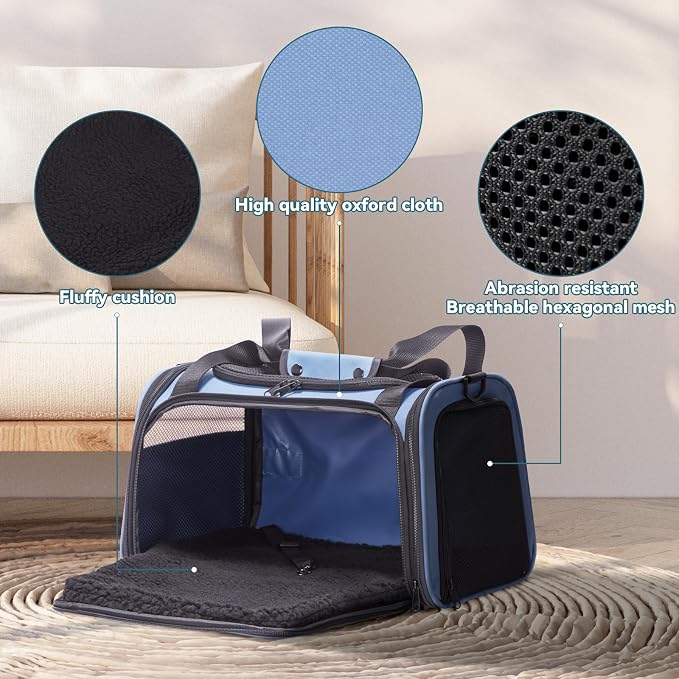 PETSFIT Pet Carrier, Blue, Small and Medium Cats, Puppies Up to 12 Lbs | Dog Carrier, Airline Approved, Collapsible Soft Sided, TSA Approved, Cat Travel Carrier