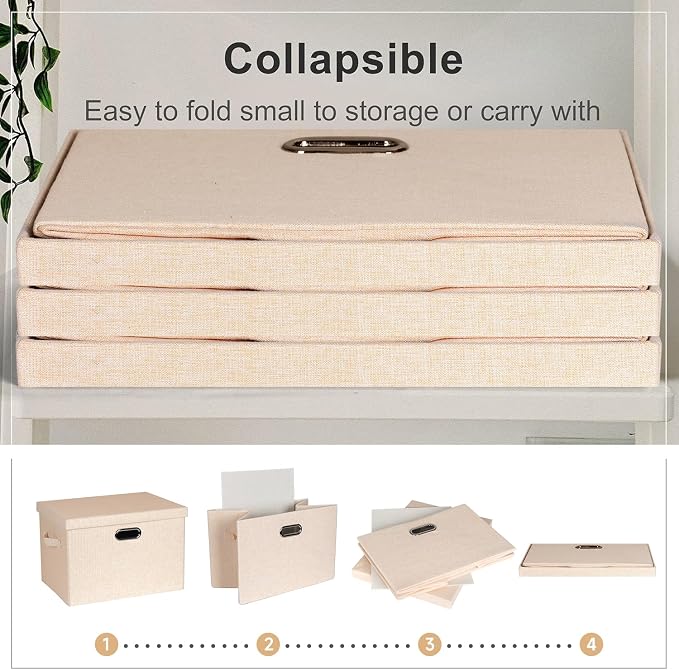 Storage Bins with Lids Fabric Closet Organizers Cubes Office Organization | 36 Quart 3 Pack Light Orange Collapsible Stackable Linen Fabric 4 Handles Bedroom Closet Cabinet Under Bed Clothes Toy Office