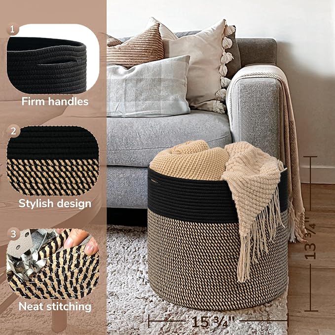 Goodpick Wicker Blanket Basket Living Room, Toy Storage for Playroom, 45L | 15.8 x 15.8 x 13.8 In Storage Basket for Toys Shoes, Cute Baby Laundry Hamper for Towels, Clothes, Black & Mix Jute