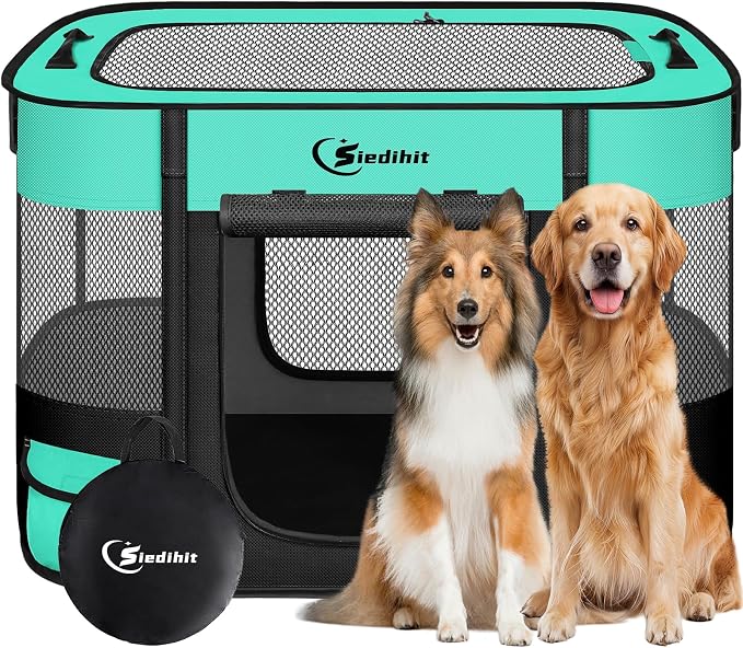Siedihit 35" Dog Playpen,Cat Puppy Pen, Pet Portable Crate Indoor Outdoor | Durable Travel Camping Use,Foldable Dog Kennel Tent Cage for Rabbit Small Animals with Carrying Case (Green, Large)