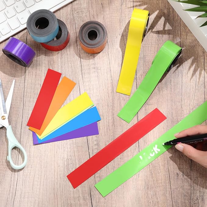 6 Pcs Dry Erase Magnetic Tapes for Classroom Colored Rainbow Adhesive Magnetic Strips Blank Sticky Labels Writable Sheet for Back to School Whiteboard Refrigerator DIY(2 in X 9.8 ft,Classic)