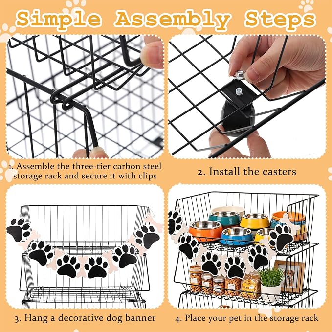 Metal Dog Toy Storage Rack, 19" x 10.6" x 24" Rolling Pet Organizer Bin with Wheels, 3 Tier Detachable Wire Basket Shelf for Toys Treats & Supplies, Large Dogs Toy Storage Holder for Home