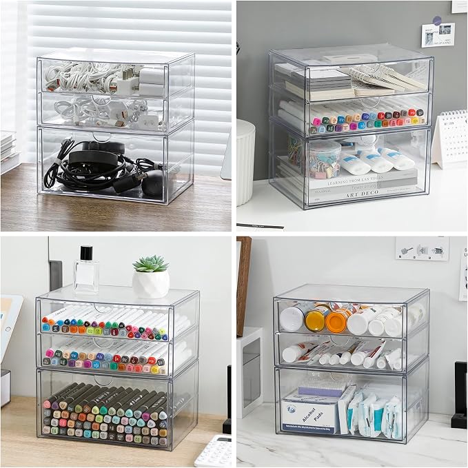 Clear Desk Drawer Organizer, 2 Pack, 3 Drawers | Stackable Desk Organizer and Accessories, For Home Office Supplies, Marker Pen, Art Crafts, Stationery, Coffee Pods