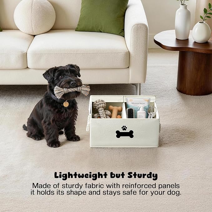 Dog Toy Basket with Double-Open Lid, Divided Dogs Basket for Toys, Collapsible Pet Toy Box, Dog Storage Organizer with 2 Divided Area, Puppy Toys Baskets with Rope Handles, Beige