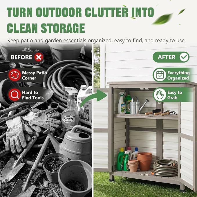 Ketive Outdoor Storage Cabinet, 32" Small Patio Storage Cabinet with Rust-Free Plastic Door Panels, 2-Tier Garden Cabinet for Porch, Balcony, Poolside, Backyard, Garden Supplies & Cleaning Supplies