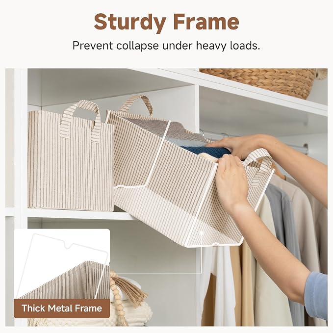 StorageWorks Fabric Storage Bins, Khaki and Beige Stripes, 2-Pack | With Reinforced Soft Handles, Sturdy Metal Frame, Collapsible Basket for Shelves, Closet, Holds Clothes, Towels, Blankets