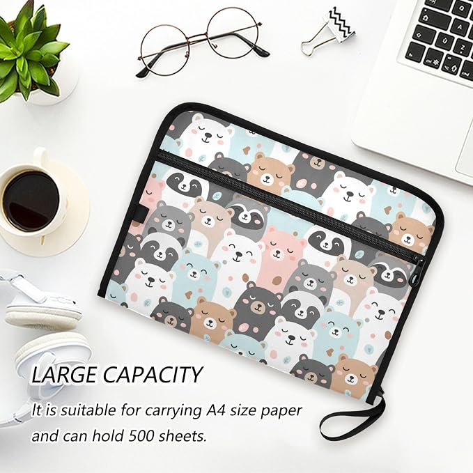 Cute Little Bears Expanding File Folder with Sticky Labels, 13 Pockets Accordion File Folder Document Organizer Expandable Zip File Folder with Zipper Closure