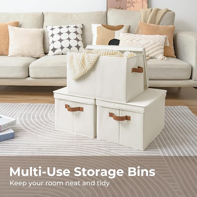 StorageWorks Fabric Storage Bins with Lids, Closet Storage Bins | Lidded Dust-proof, Easy Pull Handles, Foldable, Stackable, Ideal for Clothes Blanket Towel, Jumbo, Ivory, 3-Pack