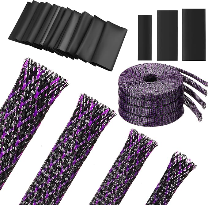 Tatuo 65.6 ft Braided Cable Sleeve Expandable Wire Sheathing (Purple) | with 120 Heat Shrink Tubing 1/4 in 2/5 in 1/2 in 3/4 in Wire Sleeve Cord Management for Television Audio Computer Video Pets
