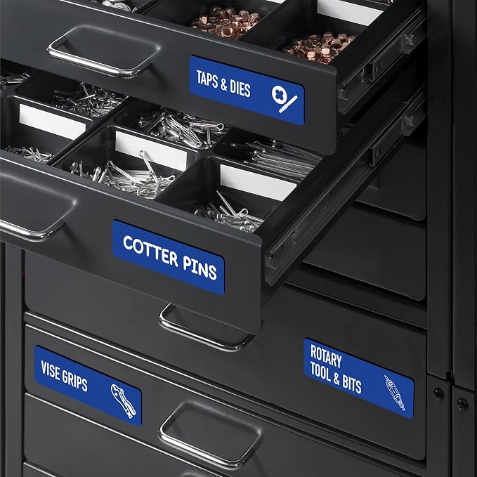 90 PCS Magnetic Toolbox Labels, 82 Pre-Printed & 8 Blanks Large Size Tool Chest Organizer Labels Strong Magnetic & Easy to Read Printing Fits All Brands of Steel Tool Box Drawers (Blue, 3.5” x 1”)
