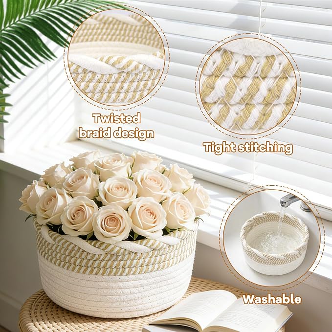 Small Cotton Rope Storage Basket, Boho Cotton Rope Storage Bins for Towel,Pet Kids Toy, Round Jute-Colored Woven Basket, Empty Gift Basket, 8 x 8 x 4