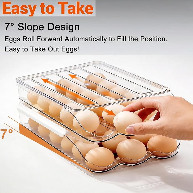 Egg Holder for Fridge, Automatic Rolling Egg Dispenser for Refrigerator with Lid, Stackable 2-Tier Egg Storage Container, Clear Food-Grade Egg Organizer for Fridge Kitchen