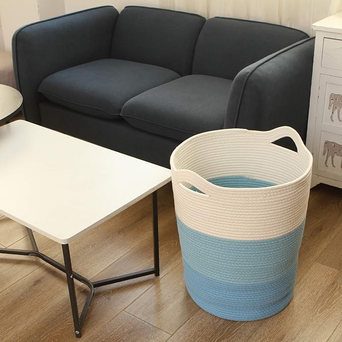 Sea Team Large Woven Cotton Rope Laundry Basket with Handles, 20 x 14 in | Collapsible Knitted Hamper, Closet Shelf Organizers, Containers for Clothing, Blankets, Toys, Bedding, Blue