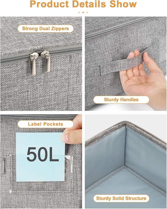 punemi 6.7 in High Under Bed Storage Container with Zipper Lid, 3Pack, Grey | Clothes Storage Bags with 3 Handles & Zippered Lids, Stackable Design, for Clothes, Blankets & Shoes, Ideal for Closet