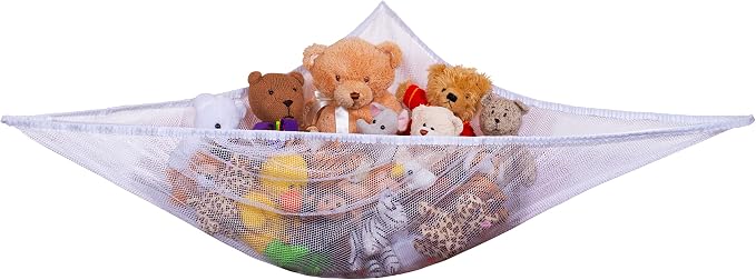 Handy Laundry Stuffed Animal Organizer Hammock – Mesh Toy Storage Net for Kids’ Room, Nursery, or Playroom – Holds 30+ Plushies, Expands to 5.5 Feet, Easy Wall Mount, White